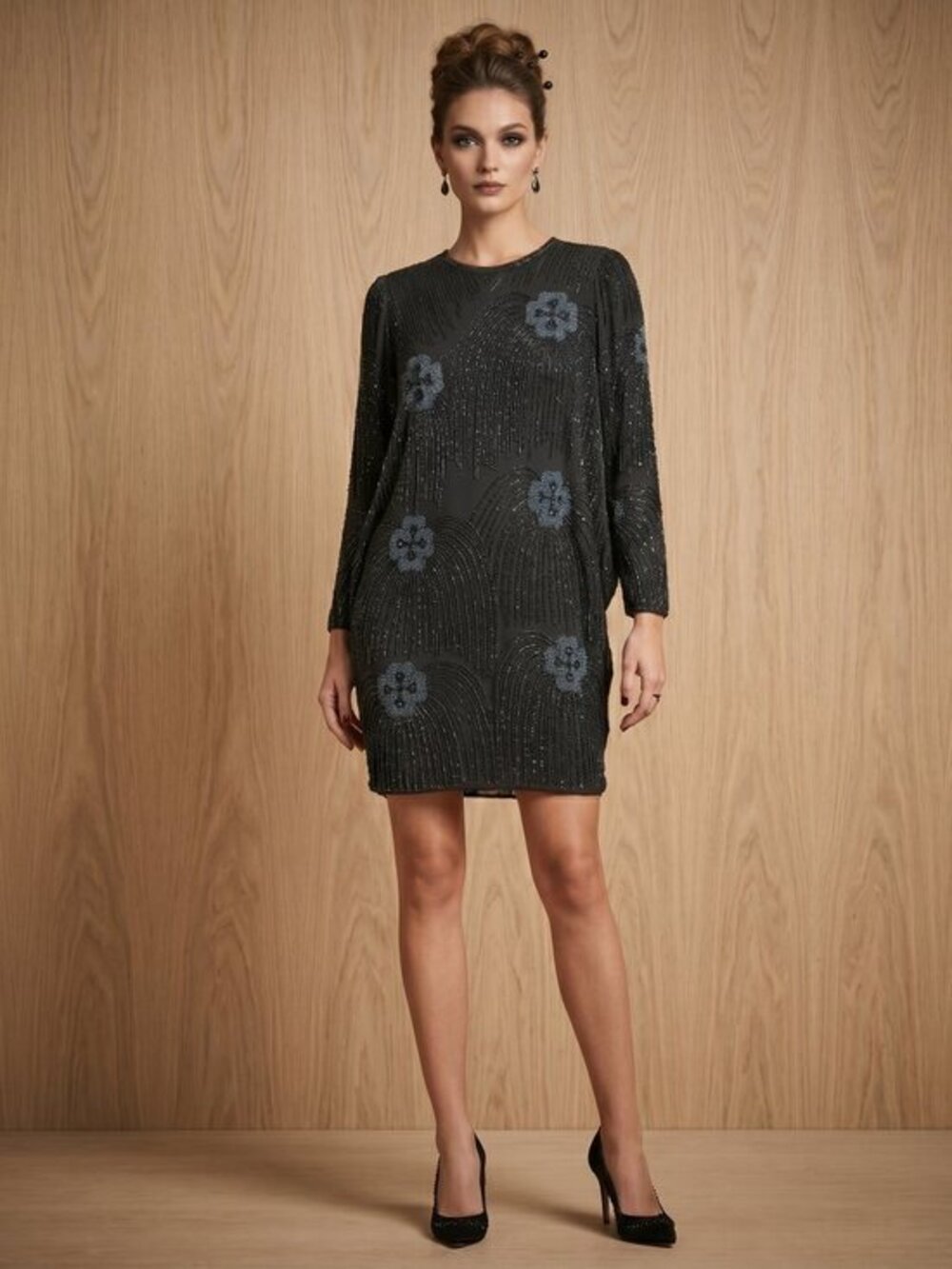 Vntg short Black heavy Beaded Floral Long-Sleeve Dress irridescent beads